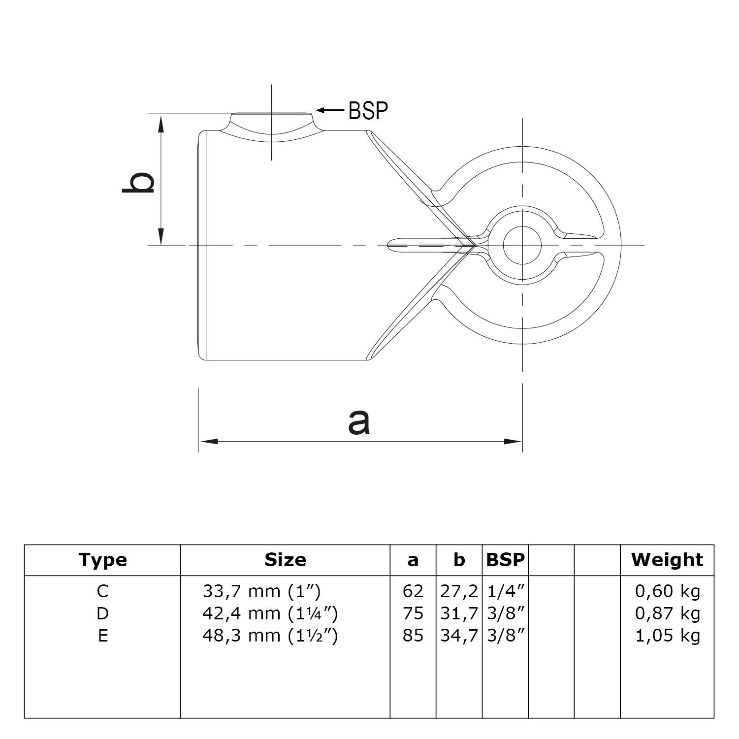 Proa ajustable. Conector de codo variable. 33,7 mm (1")