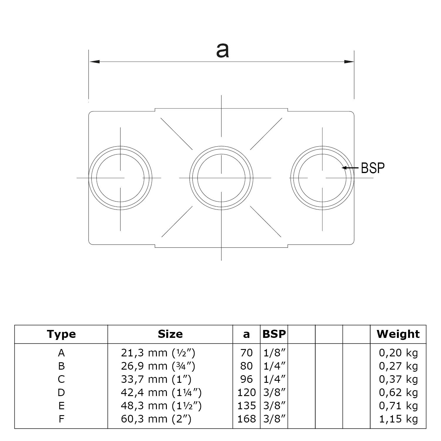 Pieza transversal, continua 60,3 mm (2")
