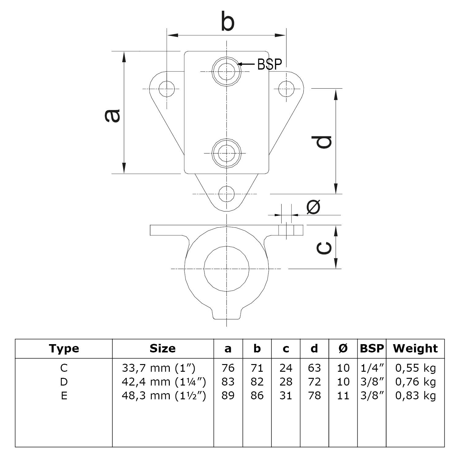 Soporte de pared, brida triangular 42,4 mm (1¼")