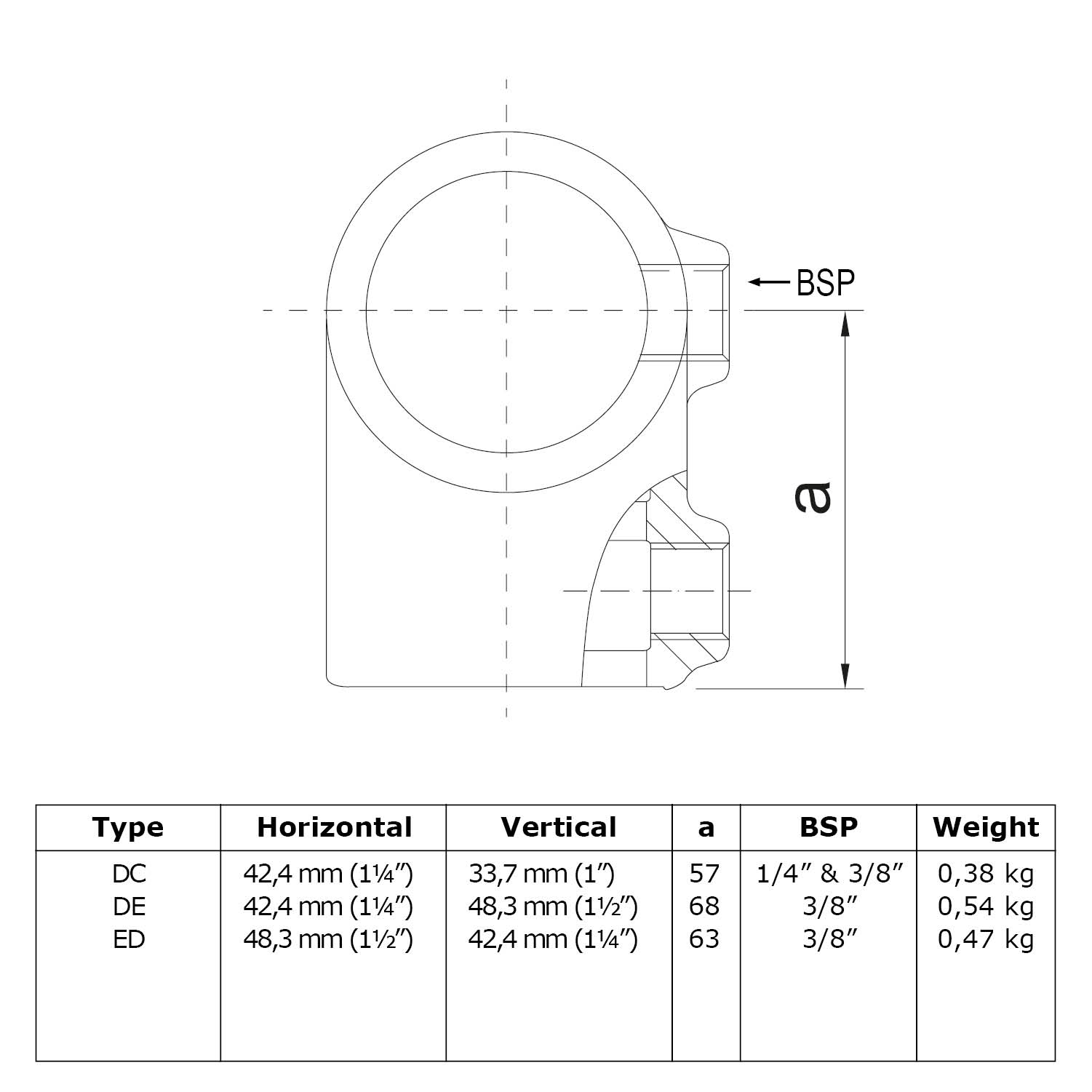 Pieza en T corta, dimensión combinada Horizontal 42,4 mm (1¼") - Vertical 48,3 mm (1½")