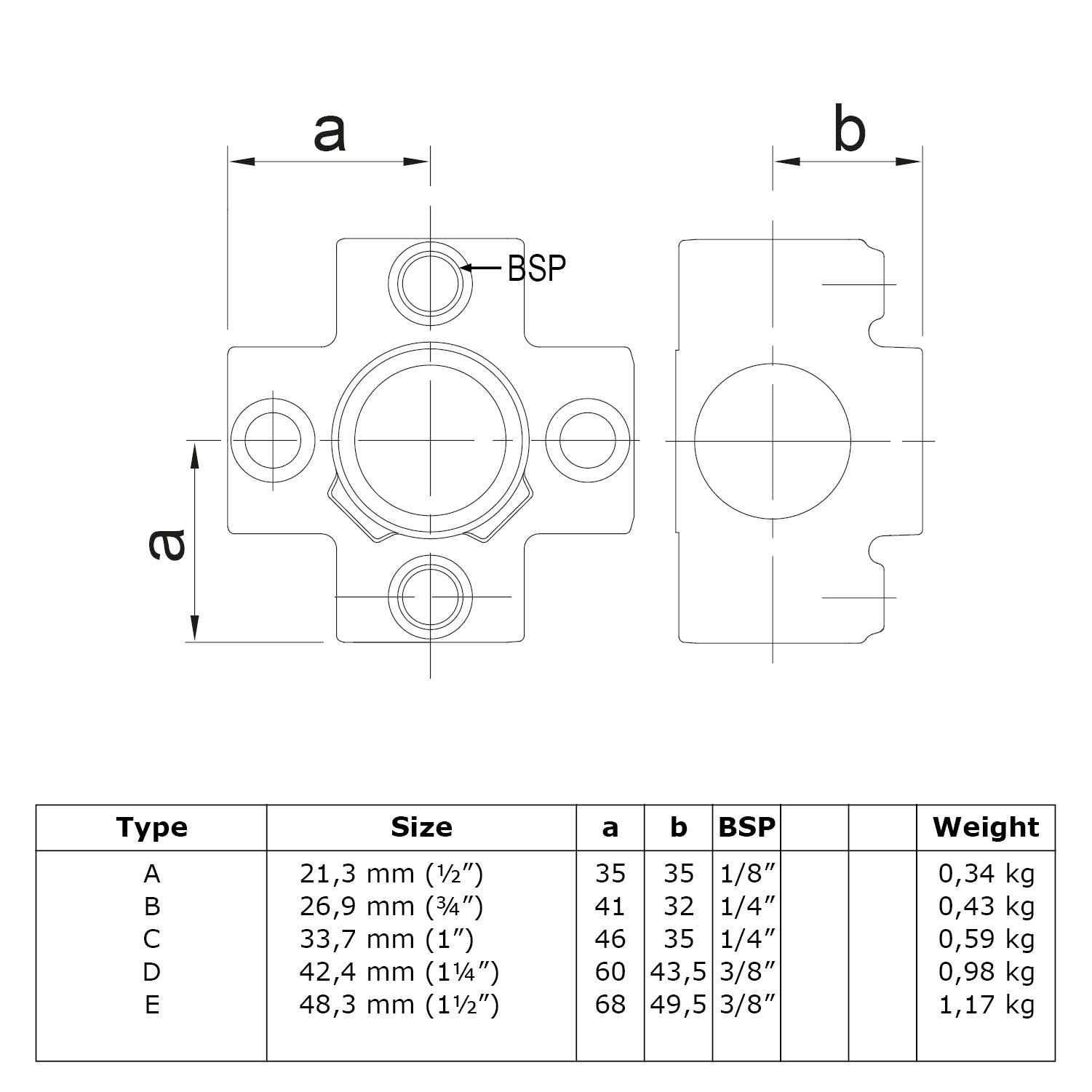 Pieza transversal para tubo de soporte, 33,7 mm (1")