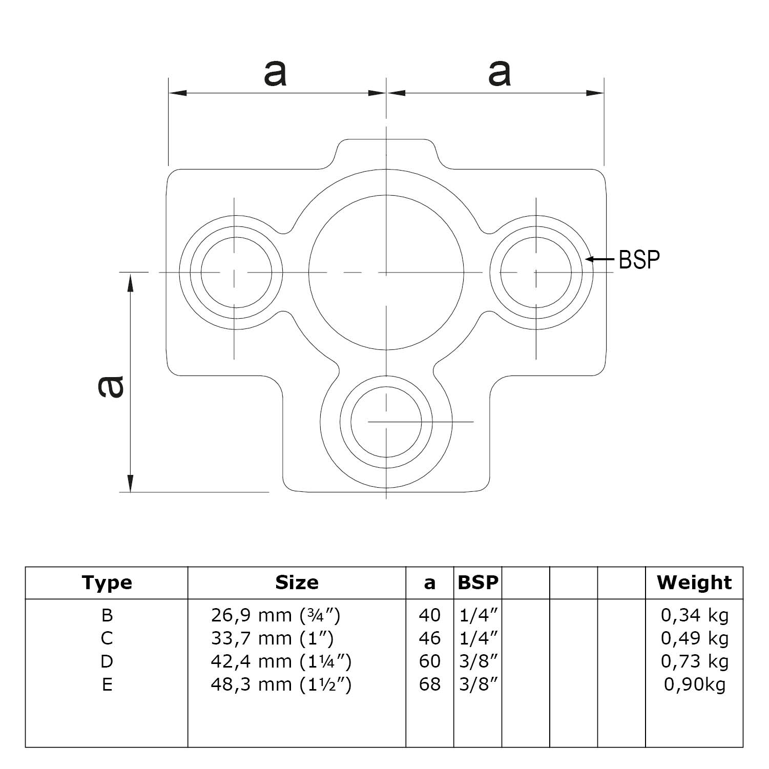 Pieza en T para tubo de soporte, negra 33,7 mm (1")