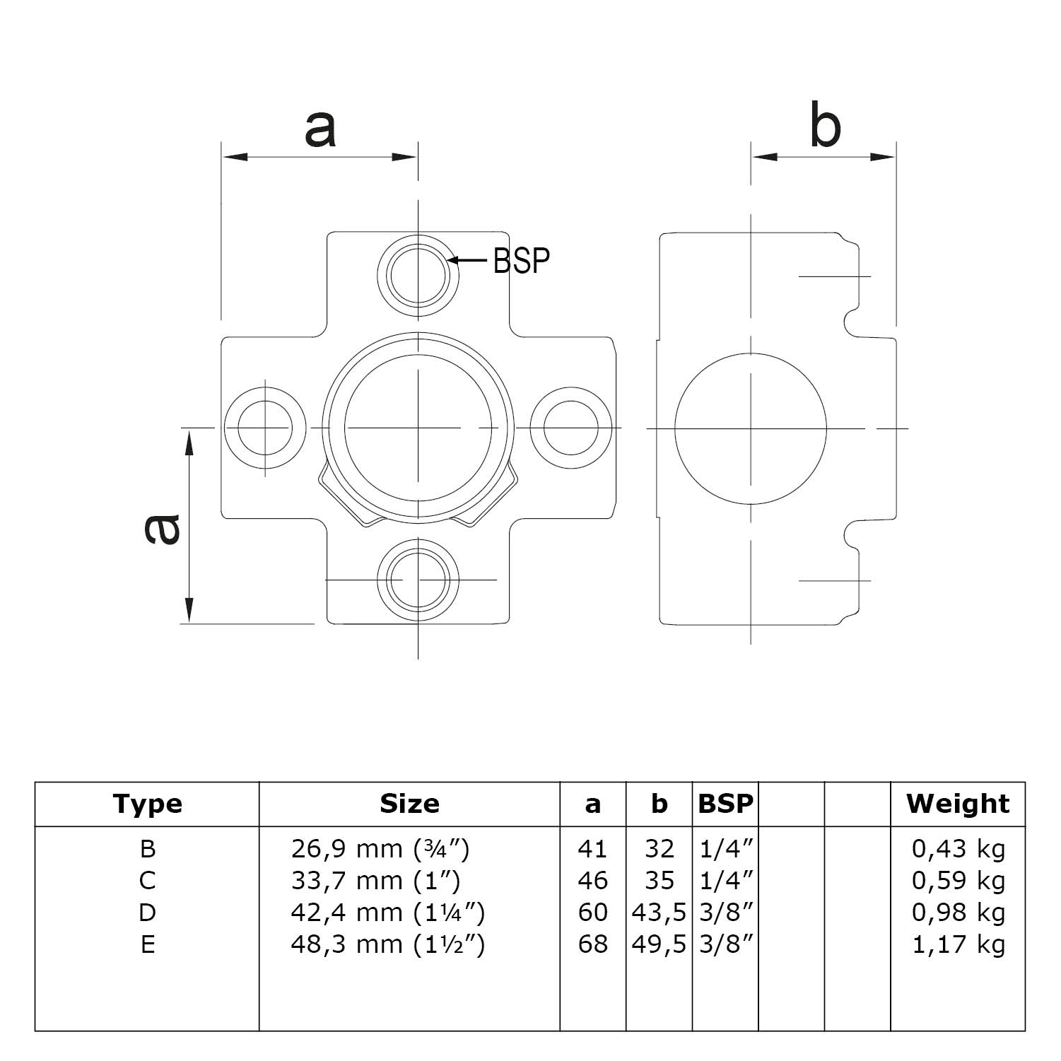 Pieza transversal para tubo de soporte. Conector de 4 direcciones, negro 33,7 mm (1")