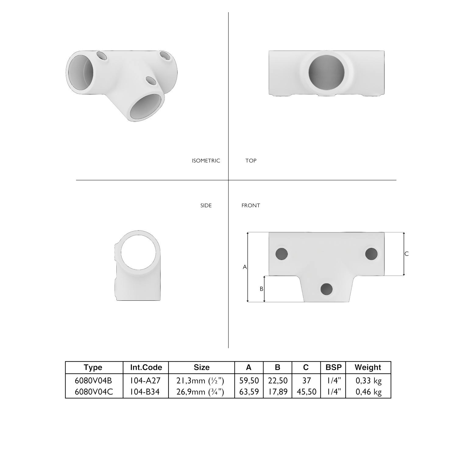 104-B Pieza en T larga - 33,7 mm marrón