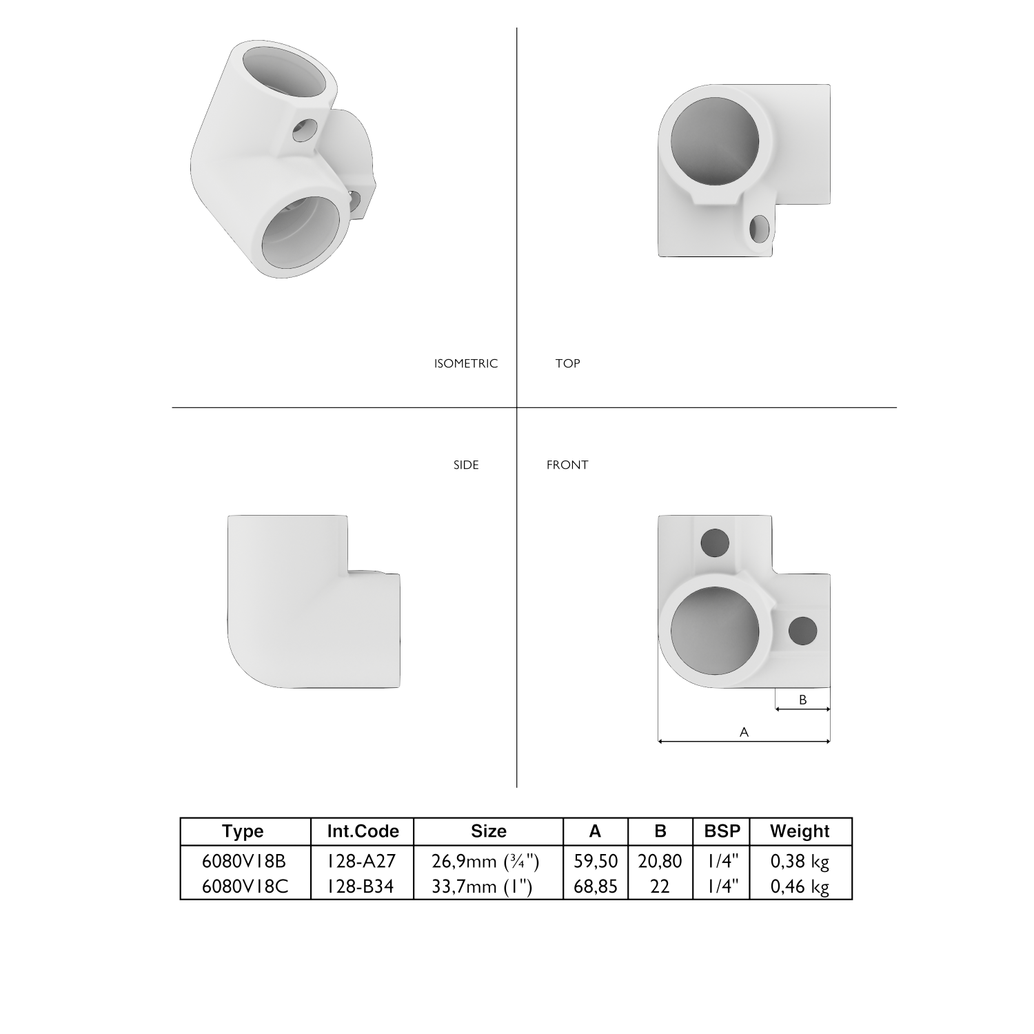 128-B Esquinera 3 vías 90°- 33,7 mm marrón